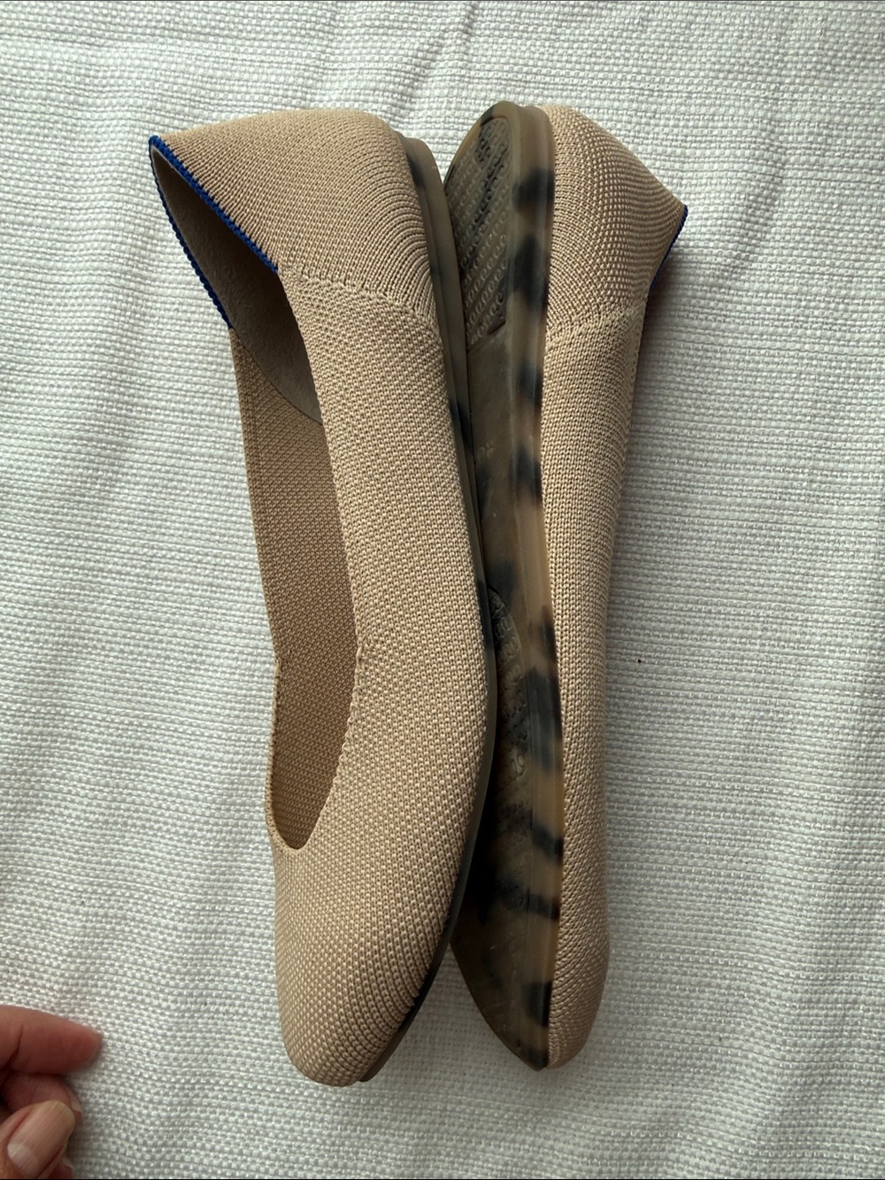 Rothy's Beige Knit Pointed Ballet Flats with Blue Trim - Picture 2 of 6